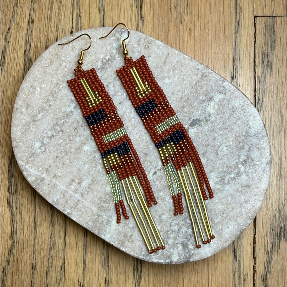 Handcrafted Beaded Earrings - Rust & Gold Multicolor